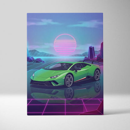 Lamborghini Huracan Inspired Green Purple Canvas Wall Art, Vaporwave Supercar Artwork, Neon Grid Garage Decor, Retro Futuristic Exotic Print