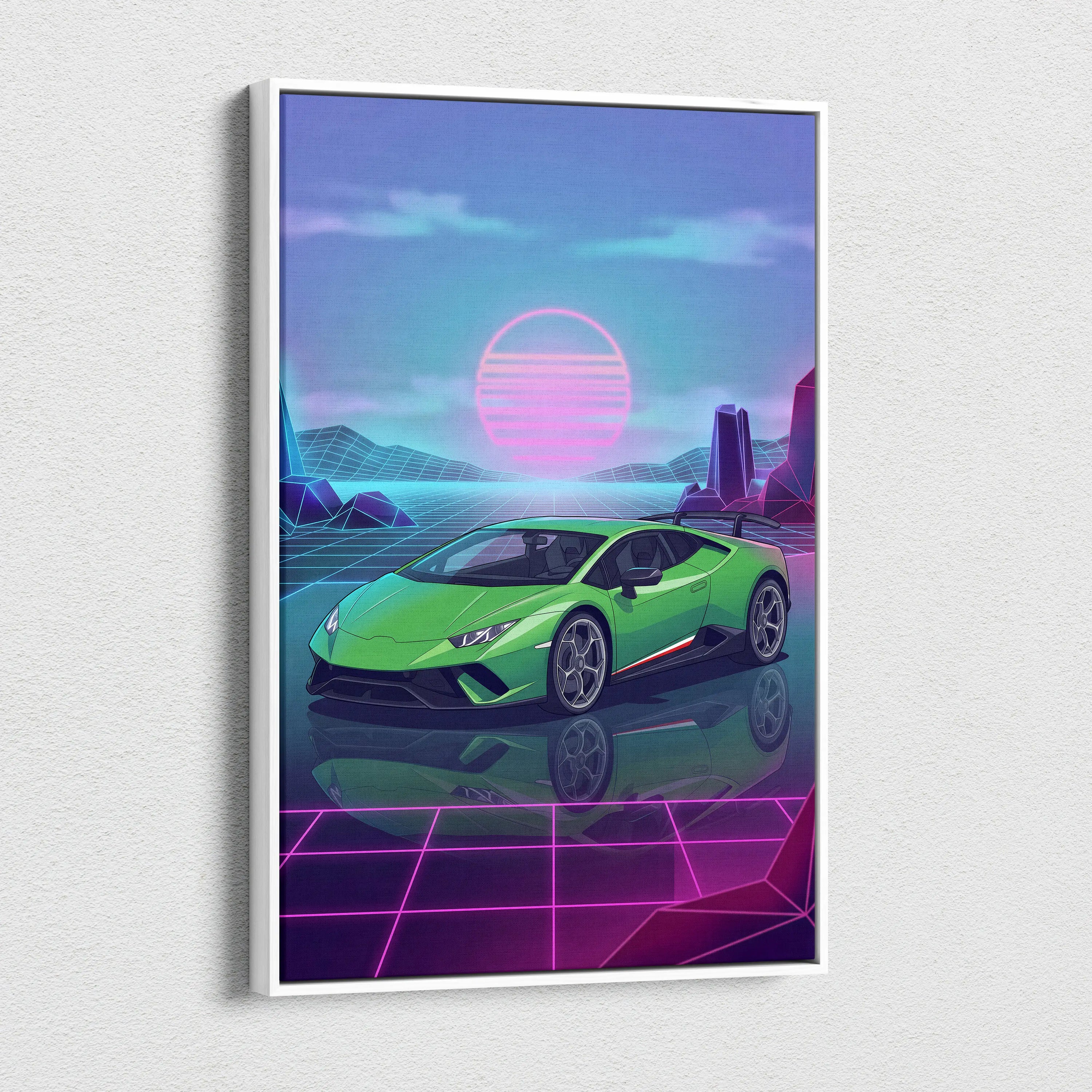 Lamborghini Huracan Inspired Green Purple Canvas Wall Art, Vaporwave Supercar Artwork, Neon Grid Garage Decor, Retro Futuristic Exotic Print