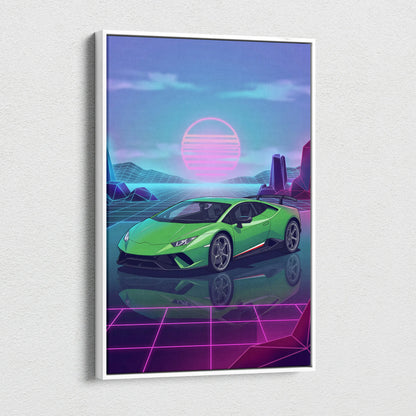 Lamborghini Huracan Inspired Green Purple Canvas Wall Art, Vaporwave Supercar Artwork, Neon Grid Garage Decor, Retro Futuristic Exotic Print