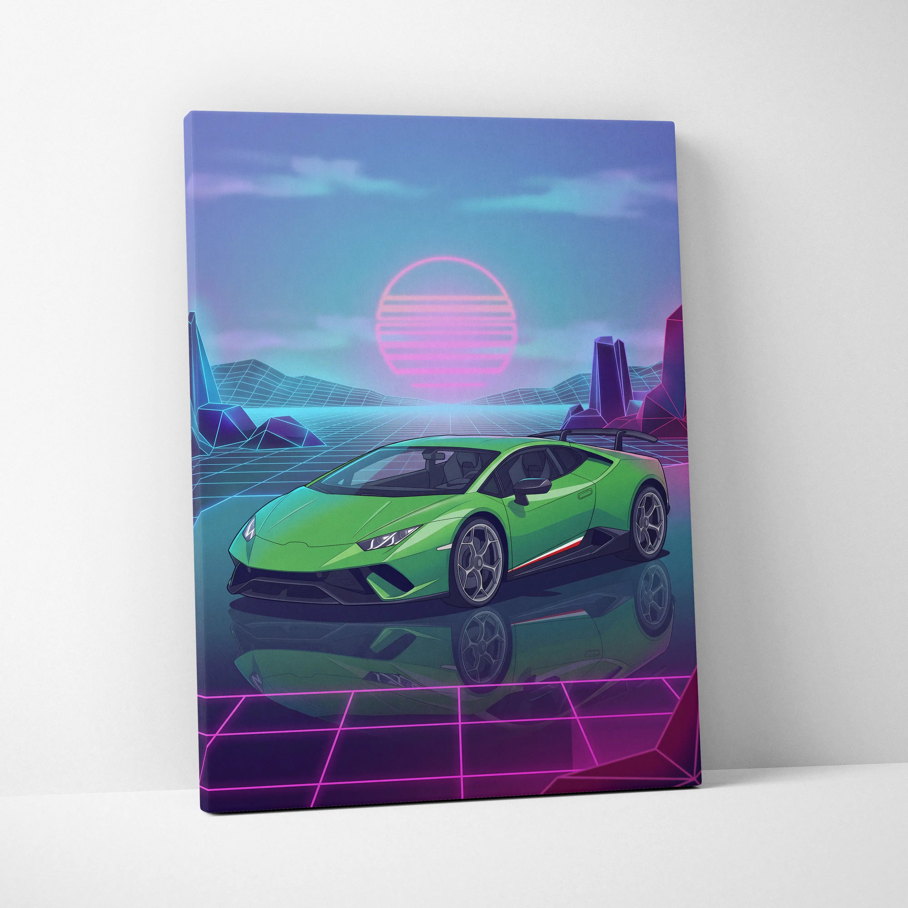 Lamborghini Huracan Inspired Green Purple Canvas Wall Art, Vaporwave Supercar Artwork, Neon Grid Garage Decor, Retro Futuristic Exotic Print