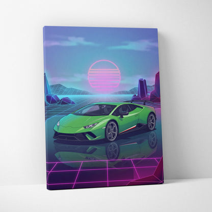 Lamborghini Huracan Inspired Green Purple Canvas Wall Art, Vaporwave Supercar Artwork, Neon Grid Garage Decor, Retro Futuristic Exotic Print