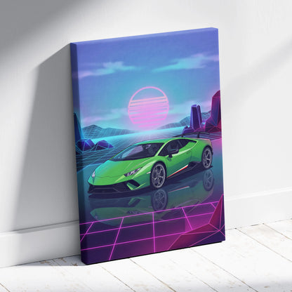 Lamborghini Huracan Inspired Green Purple Canvas Wall Art, Vaporwave Supercar Artwork, Neon Grid Garage Decor, Retro Futuristic Exotic Print