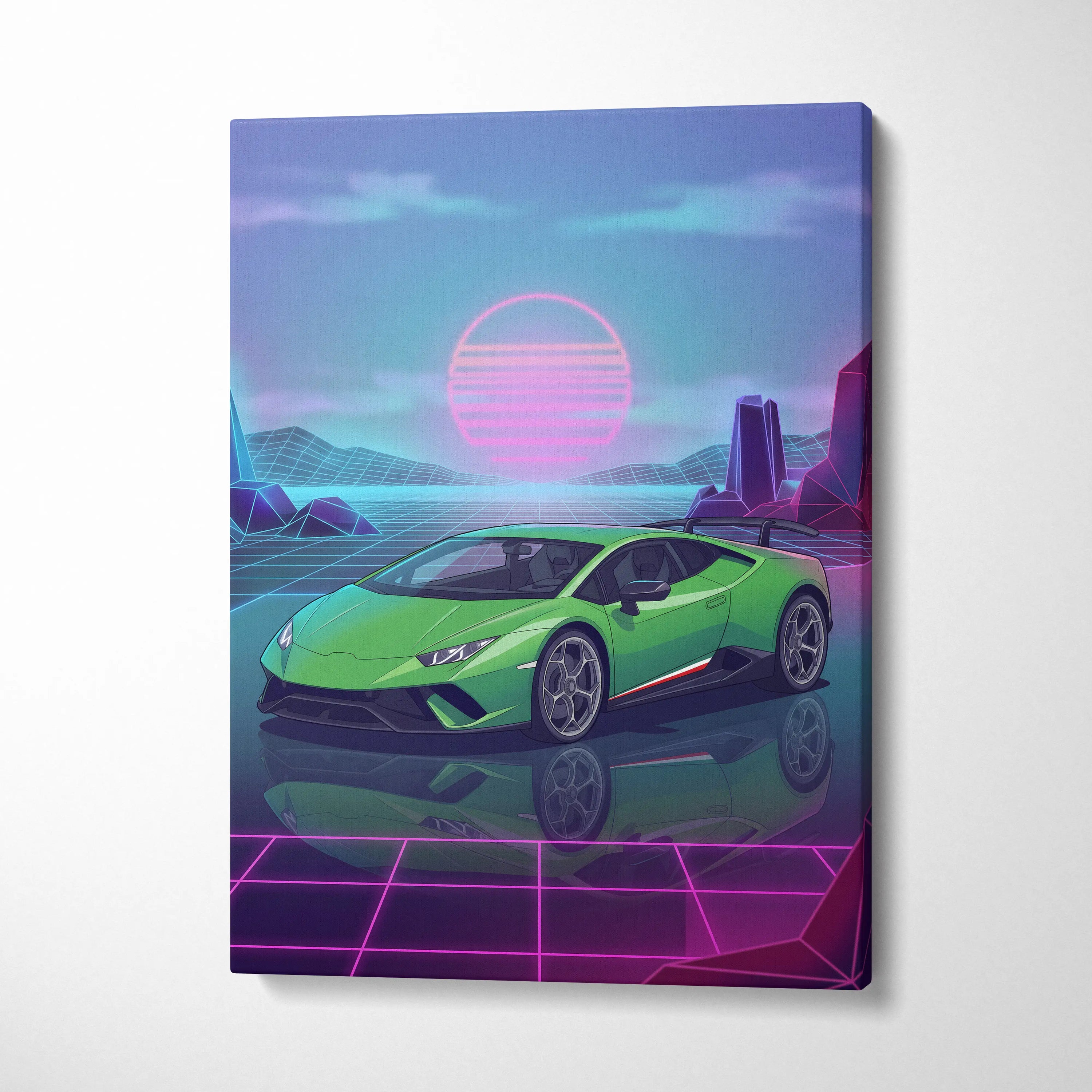 Lamborghini Huracan Inspired Green Purple Canvas Wall Art, Vaporwave Supercar Artwork, Neon Grid Garage Decor, Retro Futuristic Exotic Print