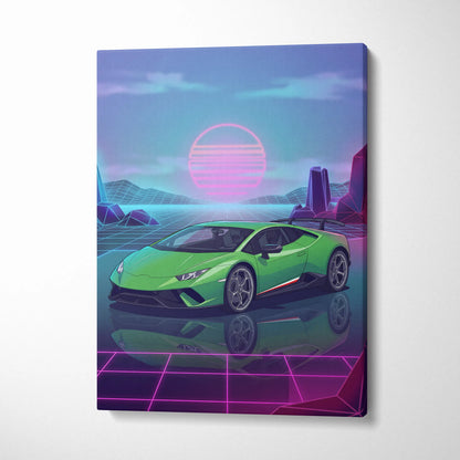 Lamborghini Huracan Inspired Green Purple Canvas Wall Art, Vaporwave Supercar Artwork, Neon Grid Garage Decor, Retro Futuristic Exotic Print