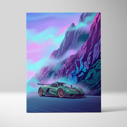 Venom F5 Inspired Green Purple Canvas Wall Art, Vaporwave Hypercar Artwork, Neon Mountain Garage Decor, Retro Futuristic Exotic Print
