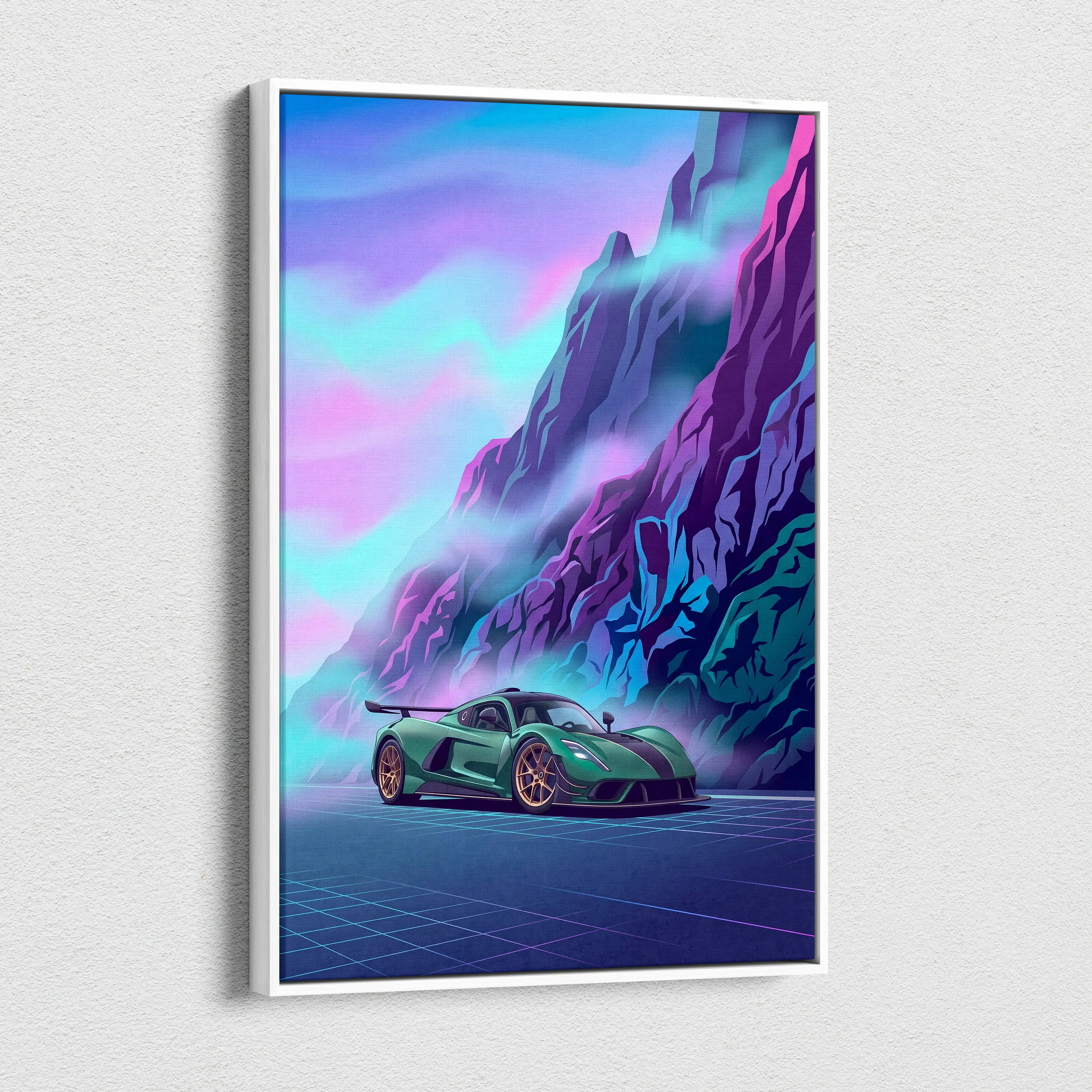 Venom F5 Inspired Green Purple Canvas Wall Art, Vaporwave Hypercar Artwork, Neon Mountain Garage Decor, Retro Futuristic Exotic Print