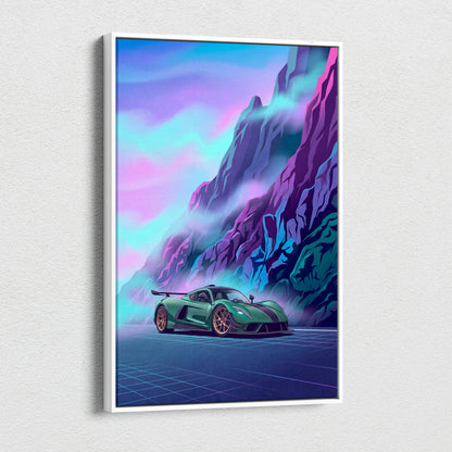 Venom F5 Inspired Green Purple Canvas Wall Art, Vaporwave Hypercar Artwork, Neon Mountain Garage Decor, Retro Futuristic Exotic Print