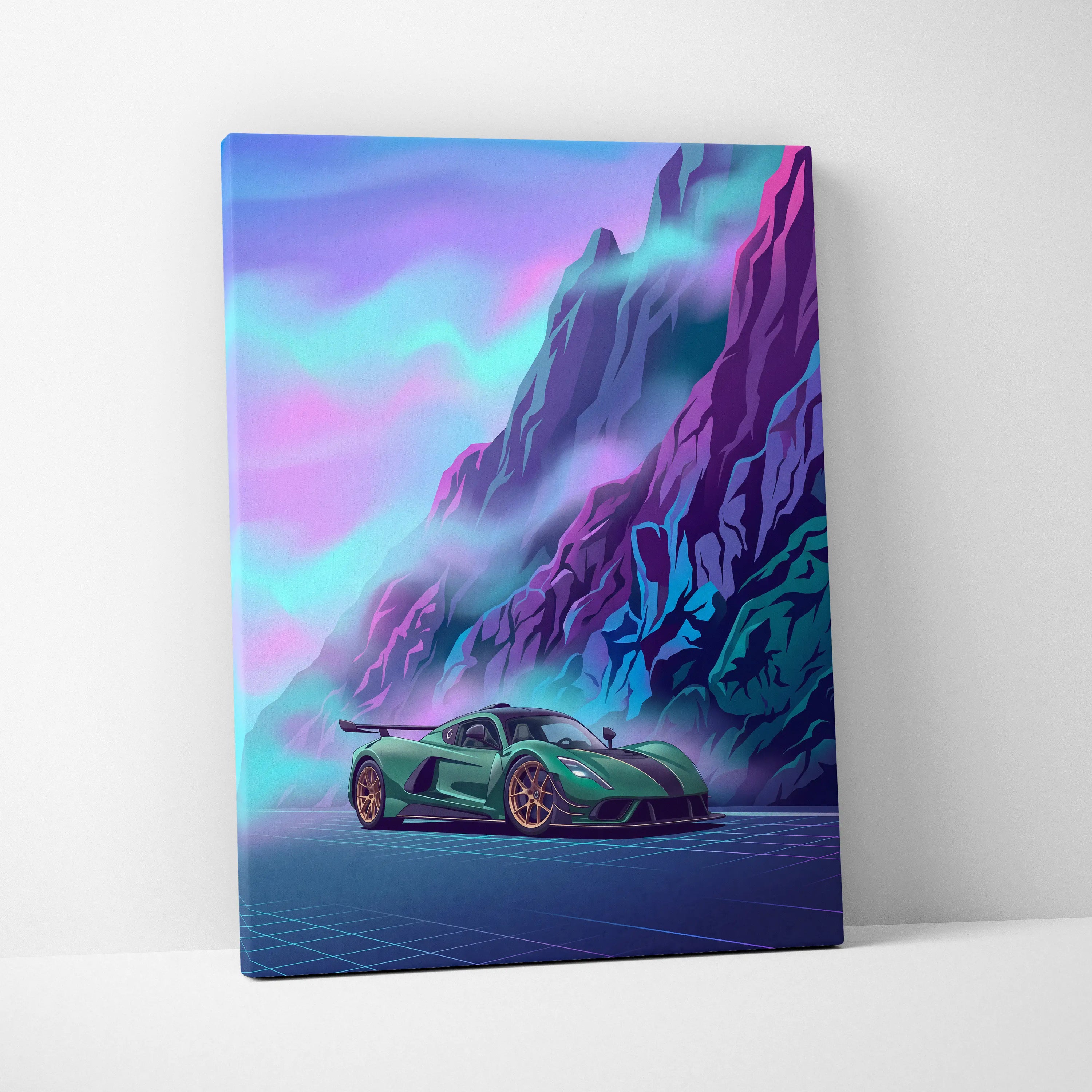 Venom F5 Inspired Green Purple Canvas Wall Art, Vaporwave Hypercar Artwork, Neon Mountain Garage Decor, Retro Futuristic Exotic Print