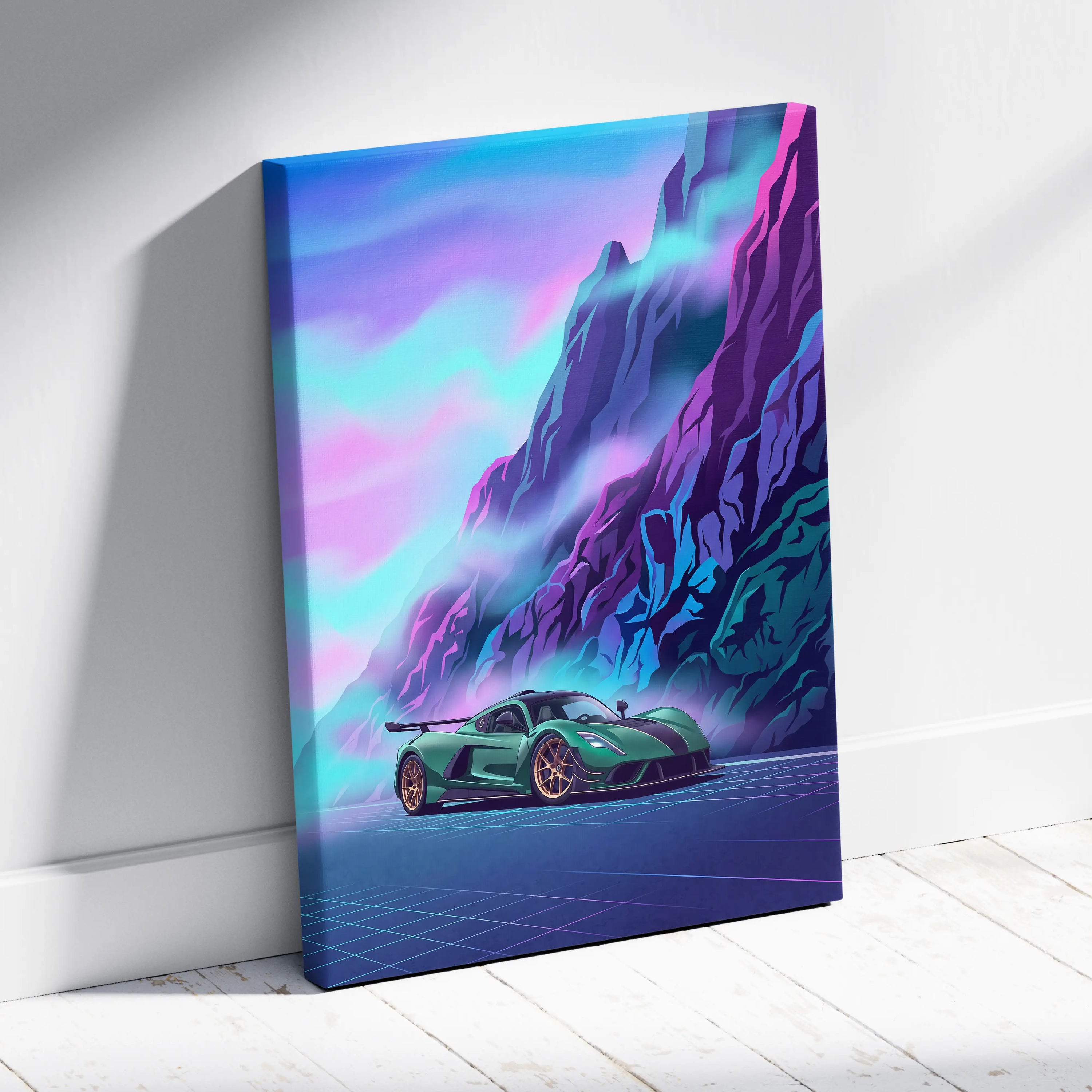 Venom F5 Inspired Green Purple Canvas Wall Art, Vaporwave Hypercar Artwork, Neon Mountain Garage Decor, Retro Futuristic Exotic Print