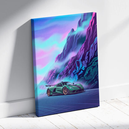 Venom F5 Inspired Green Purple Canvas Wall Art, Vaporwave Hypercar Artwork, Neon Mountain Garage Decor, Retro Futuristic Exotic Print