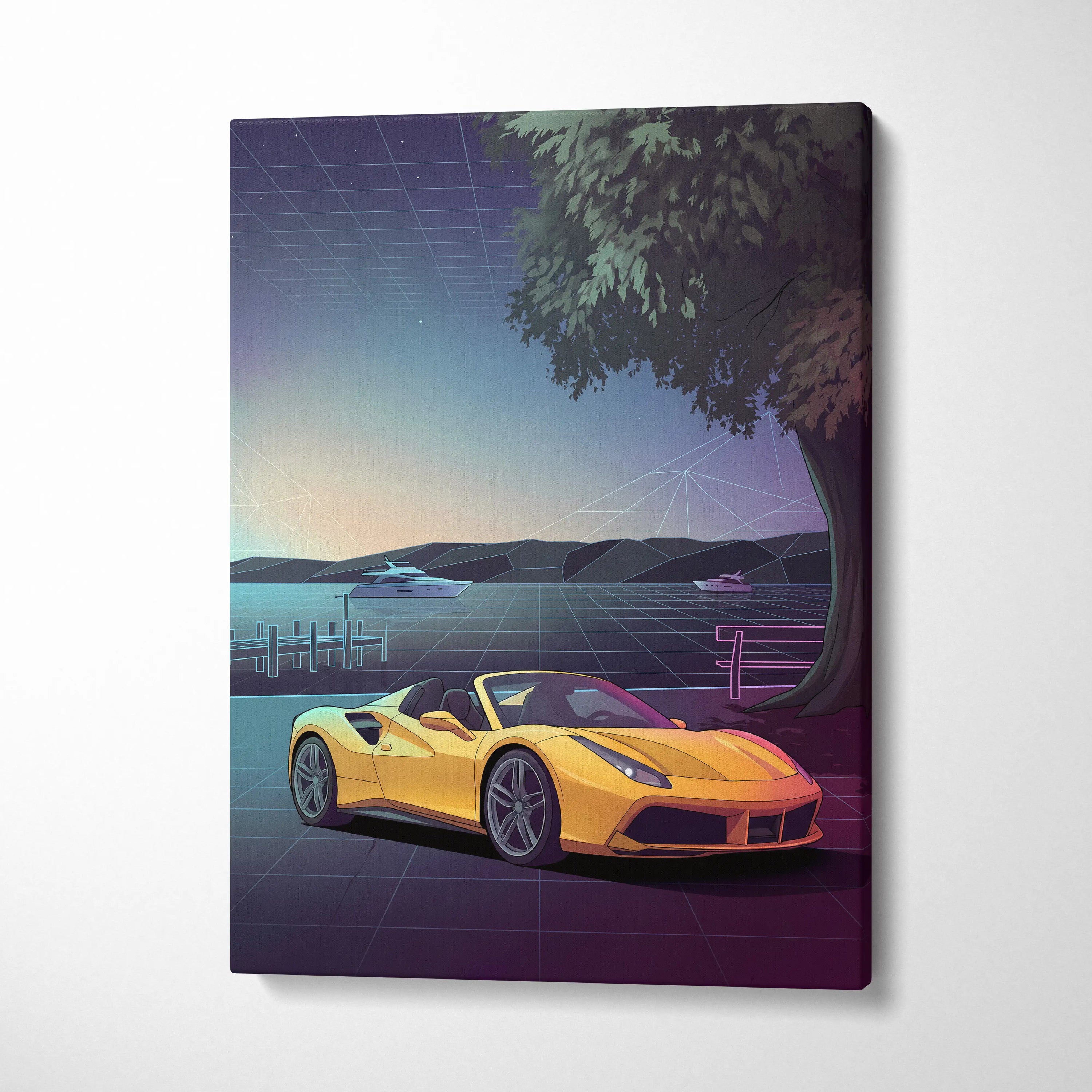 Ferrari 488 Spider Inspired Yellow Purple Canvas Wall Art, Vaporwave Convertible Supercar Artwork, Neon Lakefront Garage Decor, Retro Exotic Print