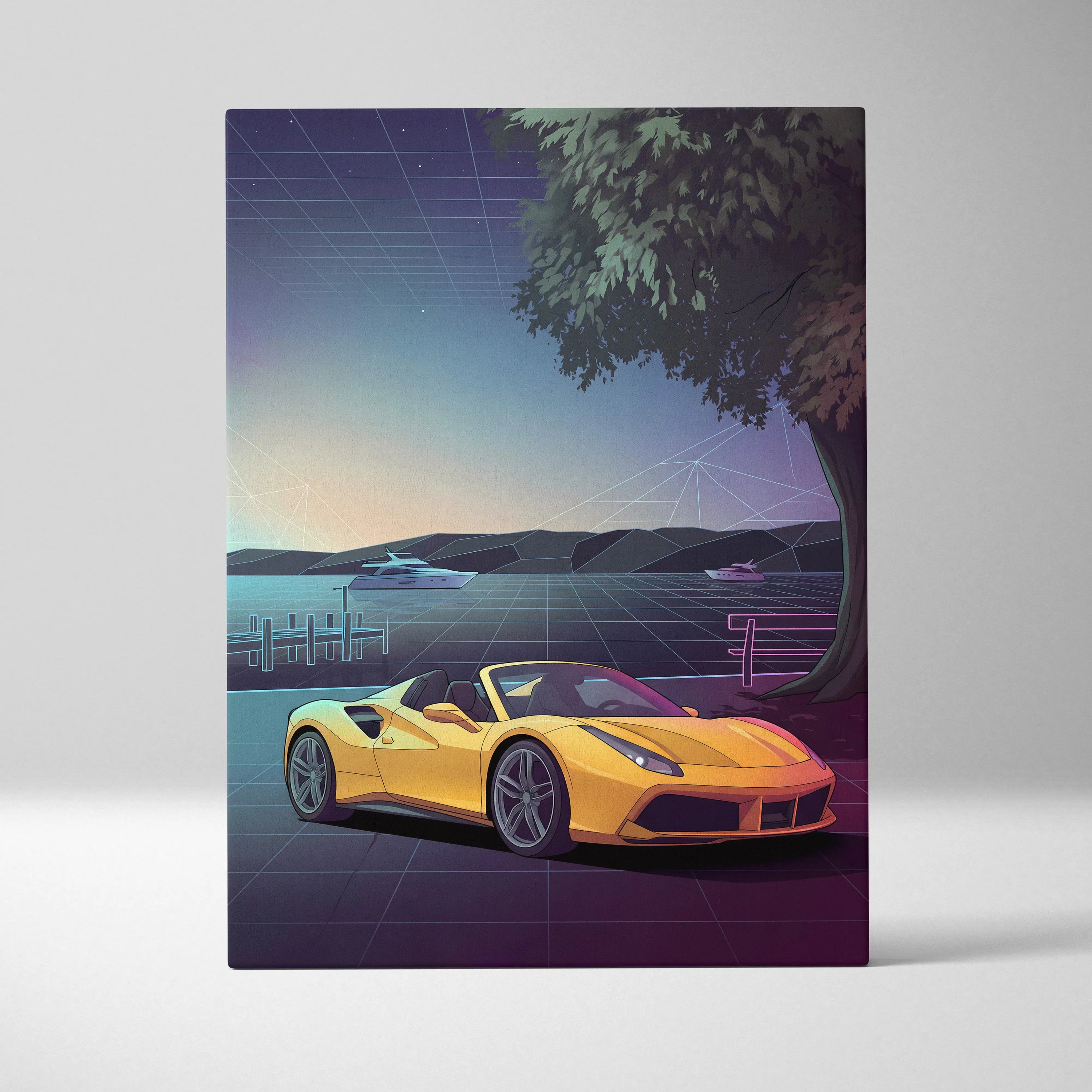 Ferrari 488 Spider Inspired Yellow Purple Canvas Wall Art, Vaporwave Convertible Supercar Artwork, Neon Lakefront Garage Decor, Retro Exotic Print