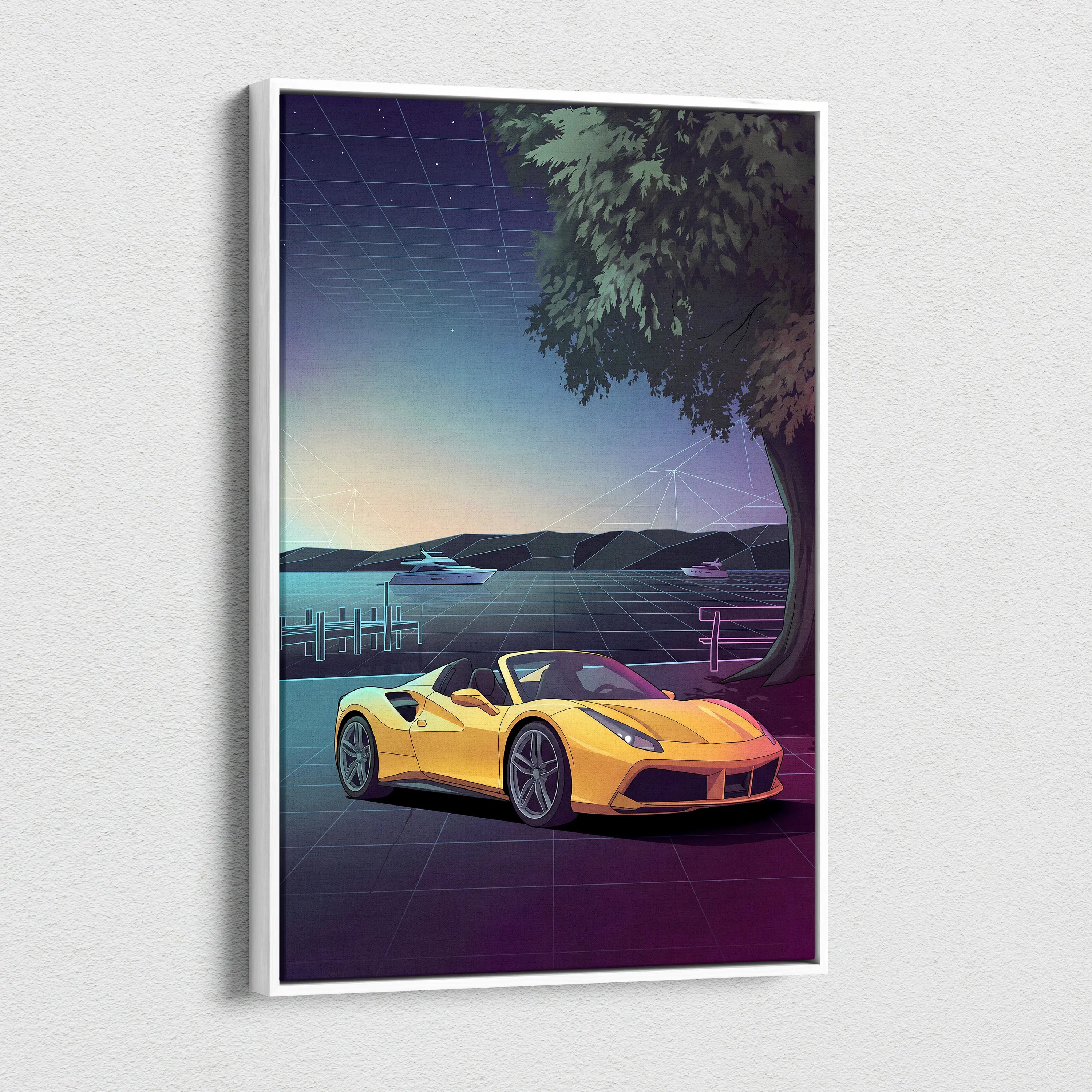 Ferrari 488 Spider Inspired Yellow Purple Canvas Wall Art, Vaporwave Convertible Supercar Artwork, Neon Lakefront Garage Decor, Retro Exotic Print