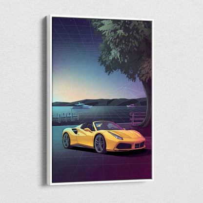 Ferrari 488 Spider Inspired Yellow Purple Canvas Wall Art, Vaporwave Convertible Supercar Artwork, Neon Lakefront Garage Decor, Retro Exotic Print