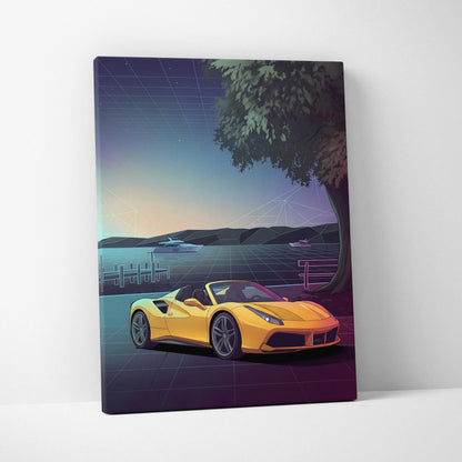Ferrari 488 Spider Inspired Yellow Purple Canvas Wall Art, Vaporwave Convertible Supercar Artwork, Neon Lakefront Garage Decor, Retro Exotic Print