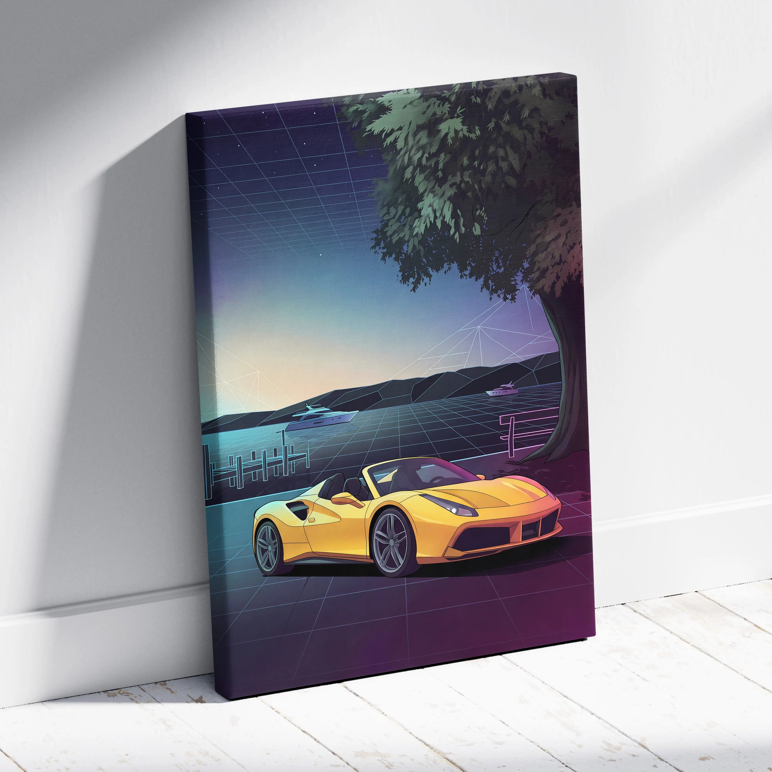 Ferrari 488 Spider Inspired Yellow Purple Canvas Wall Art, Vaporwave Convertible Supercar Artwork, Neon Lakefront Garage Decor, Retro Exotic Print