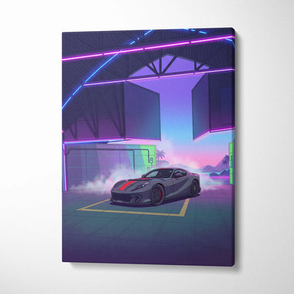 Ferrari 812 Competizione Inspired Gray Red Canvas Wall Art, Vaporwave Supercar Artwork, Neon Garage Decor, Retro Futuristic Exotic Print
