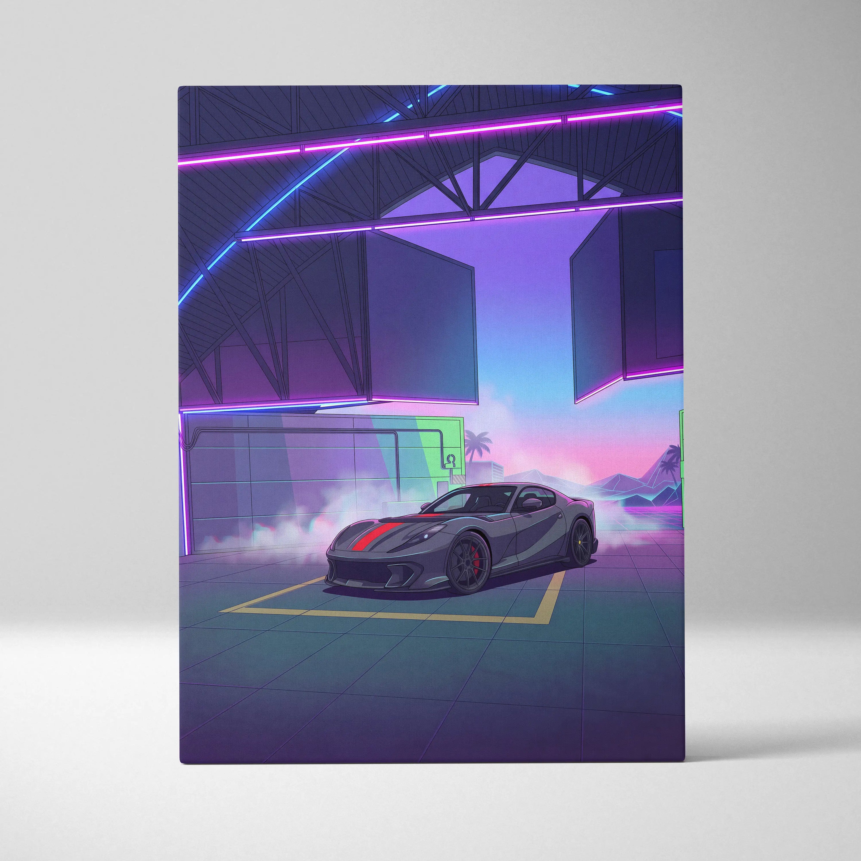 Ferrari 812 Competizione Inspired Gray Red Canvas Wall Art, Vaporwave Supercar Artwork, Neon Garage Decor, Retro Futuristic Exotic Print