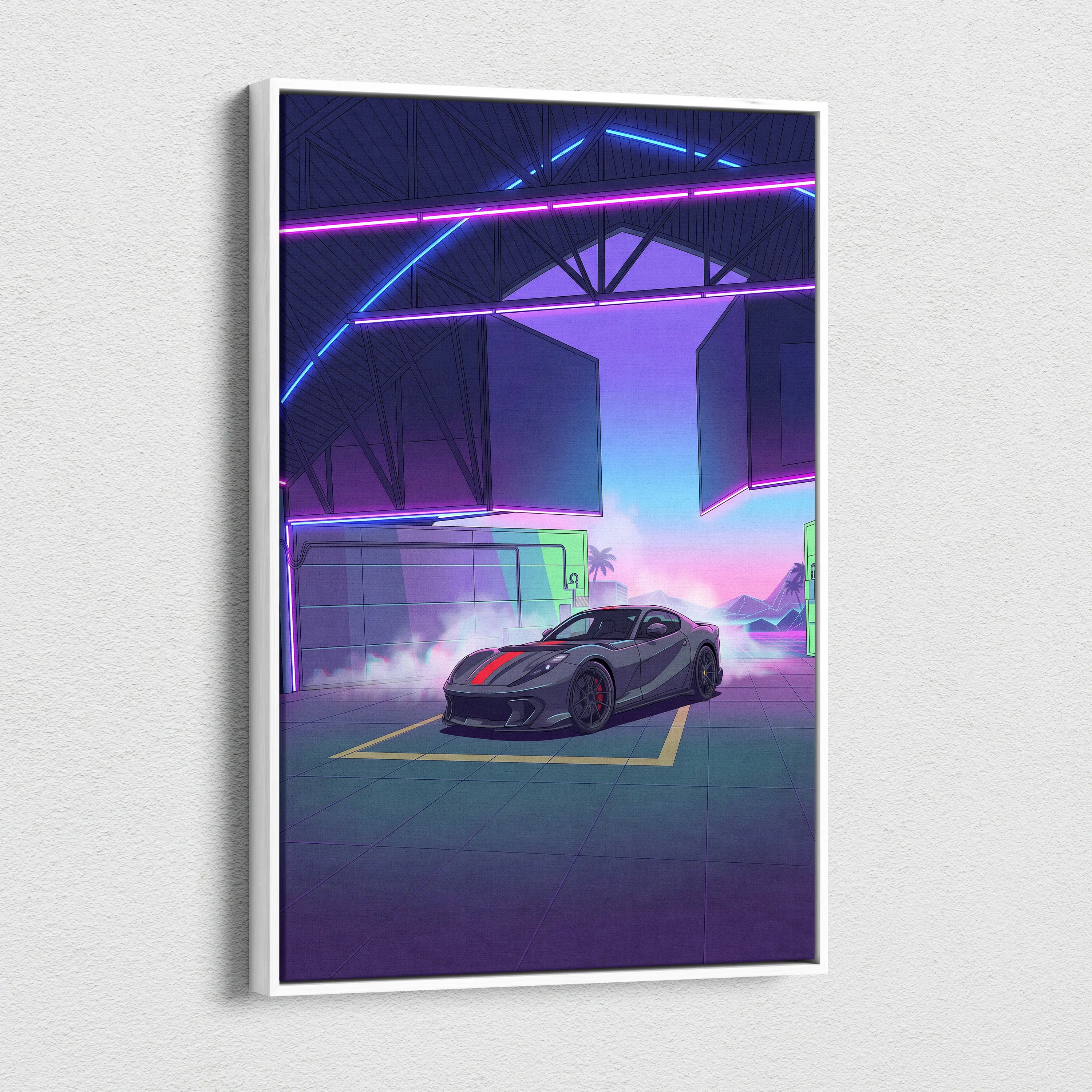 Ferrari 812 Competizione Inspired Gray Red Canvas Wall Art, Vaporwave Supercar Artwork, Neon Garage Decor, Retro Futuristic Exotic Print