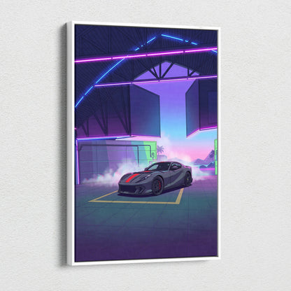 Ferrari 812 Competizione Inspired Gray Red Canvas Wall Art, Vaporwave Supercar Artwork, Neon Garage Decor, Retro Futuristic Exotic Print
