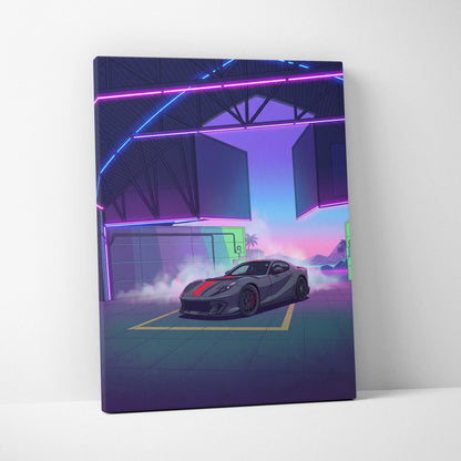 Ferrari 812 Competizione Inspired Gray Red Canvas Wall Art, Vaporwave Supercar Artwork, Neon Garage Decor, Retro Futuristic Exotic Print