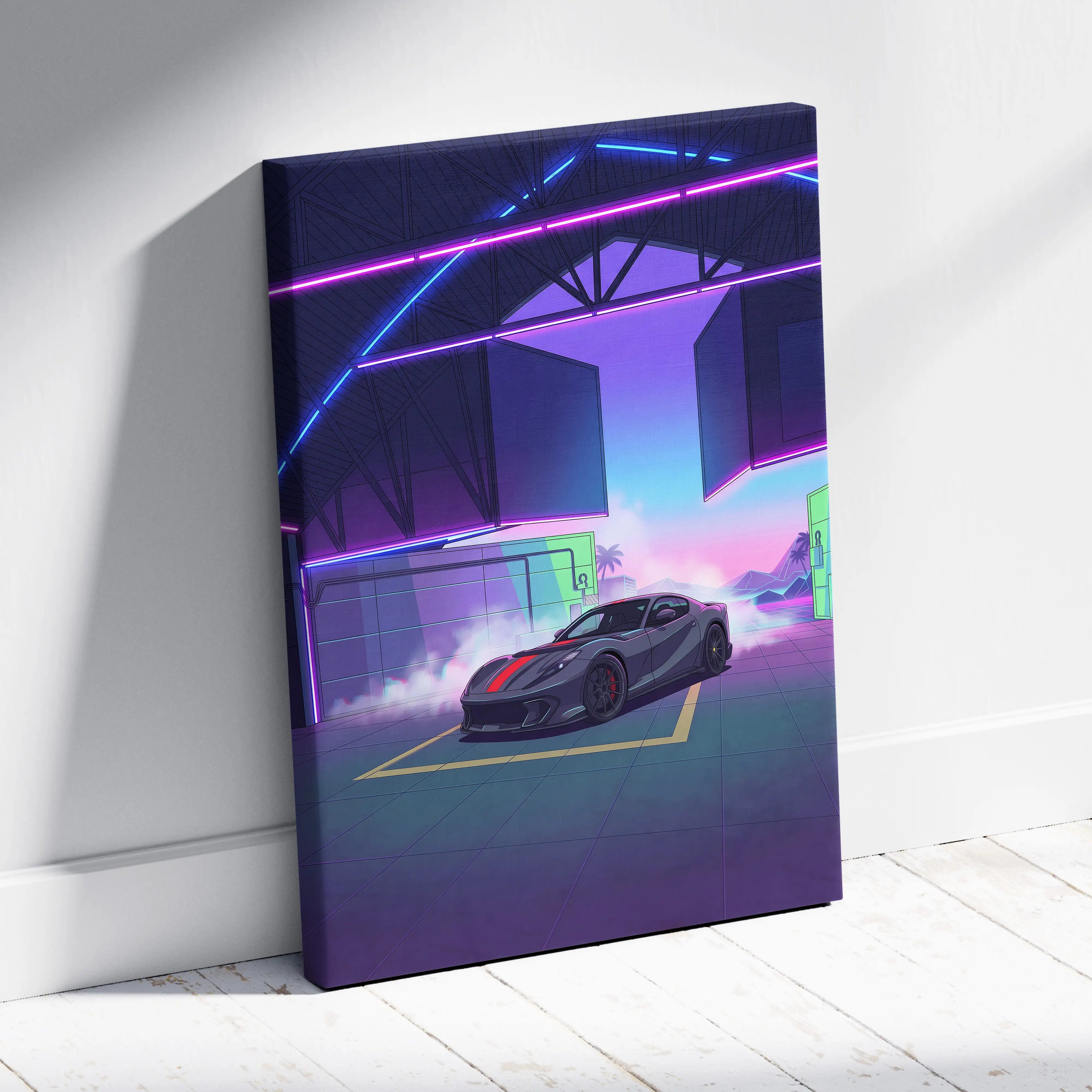 Ferrari 812 Competizione Inspired Gray Red Canvas Wall Art, Vaporwave Supercar Artwork, Neon Garage Decor, Retro Futuristic Exotic Print