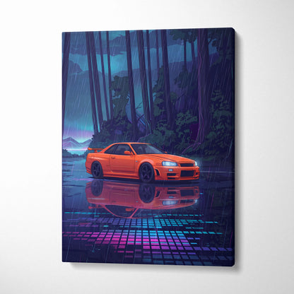 Nissan Skyline GT-R R34 Inspired Orange Purple Canvas Wall Art, Vaporwave JDM Artwork, Rainy Forest Neon Decor, Retro Futuristic Car Print