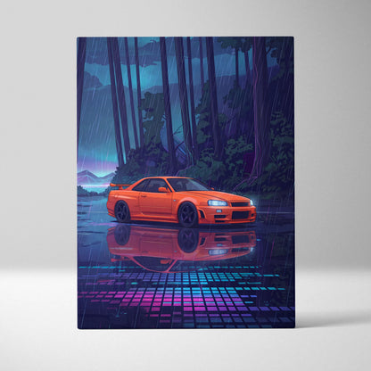 Nissan Skyline GT-R R34 Inspired Orange Purple Canvas Wall Art, Vaporwave JDM Artwork, Rainy Forest Neon Decor, Retro Futuristic Car Print