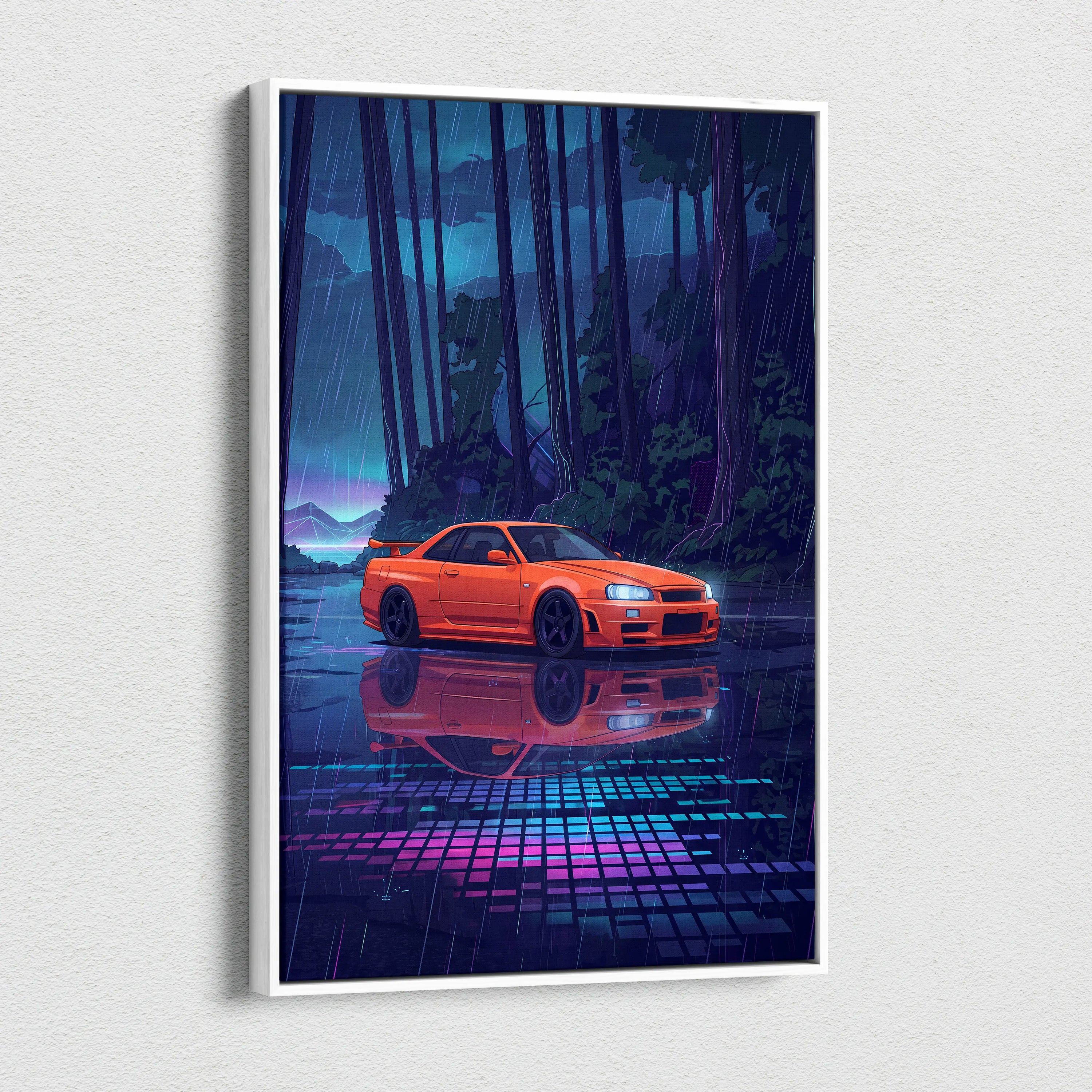 Nissan Skyline GT-R R34 Inspired Orange Purple Canvas Wall Art, Vaporwave JDM Artwork, Rainy Forest Neon Decor, Retro Futuristic Car Print