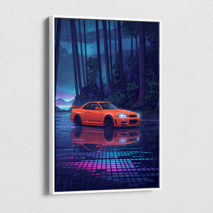Nissan Skyline GT-R R34 Inspired Orange Purple Canvas Wall Art, Vaporwave JDM Artwork, Rainy Forest Neon Decor, Retro Futuristic Car Print