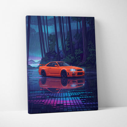 Nissan Skyline GT-R R34 Inspired Orange Purple Canvas Wall Art, Vaporwave JDM Artwork, Rainy Forest Neon Decor, Retro Futuristic Car Print