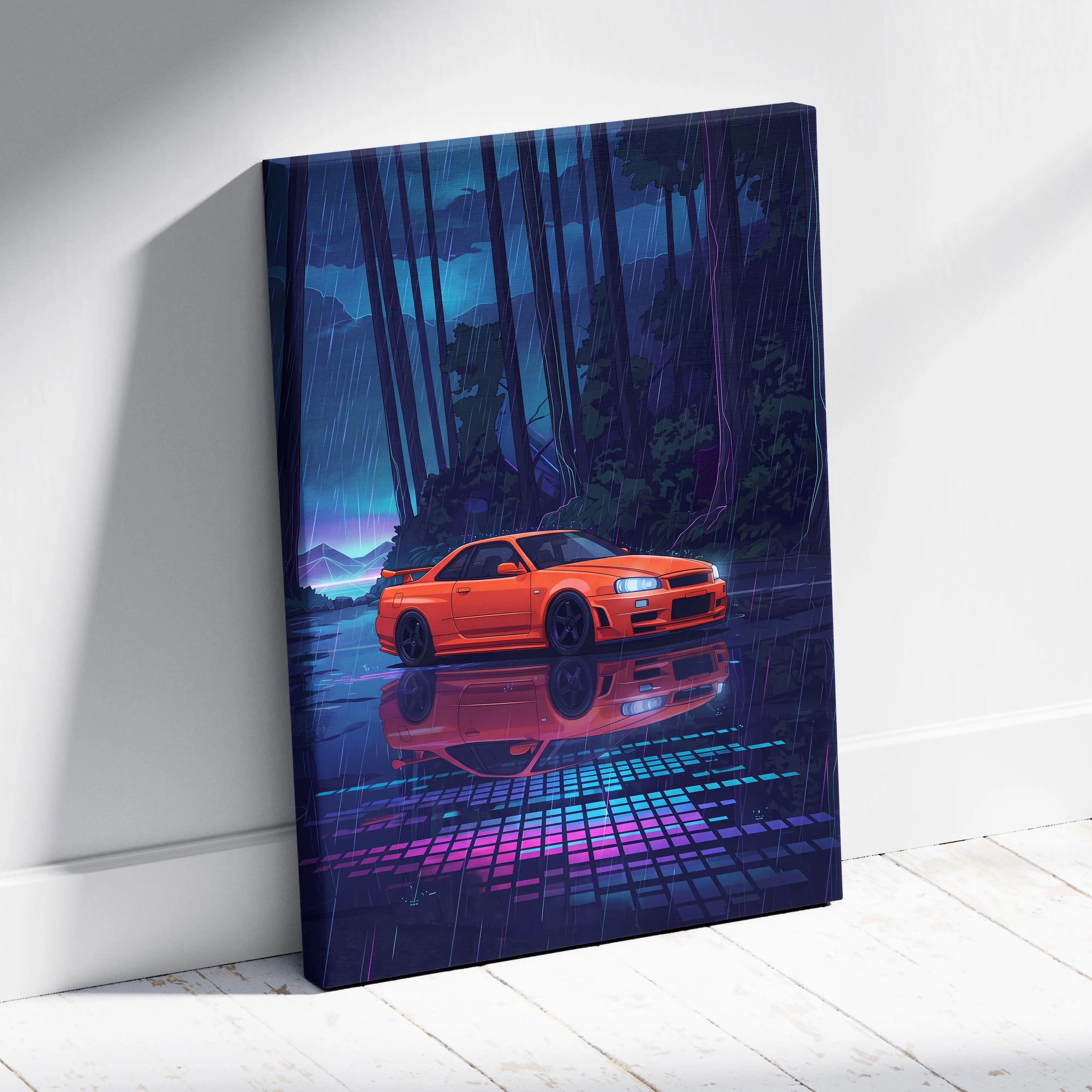 Nissan Skyline GT-R R34 Inspired Orange Purple Canvas Wall Art, Vaporwave JDM Artwork, Rainy Forest Neon Decor, Retro Futuristic Car Print