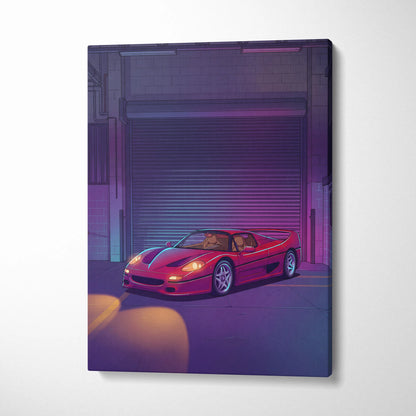 Ferrari F50 Inspired Red Purple Canvas Wall Art, Vaporwave Supercar Artwork, Neon Garage Decor, Retro Futuristic Exotic Car Print