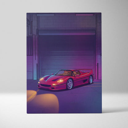 Ferrari F50 Inspired Red Purple Canvas Wall Art, Vaporwave Supercar Artwork, Neon Garage Decor, Retro Futuristic Exotic Car Print