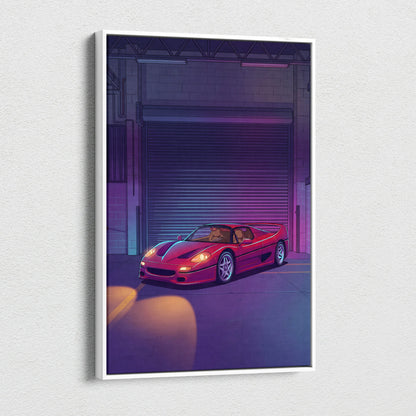 Ferrari F50 Inspired Red Purple Canvas Wall Art, Vaporwave Supercar Artwork, Neon Garage Decor, Retro Futuristic Exotic Car Print