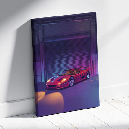 Ferrari F50 Inspired Red Purple Canvas Wall Art, Vaporwave Supercar Artwork, Neon Garage Decor, Retro Futuristic Exotic Car Print