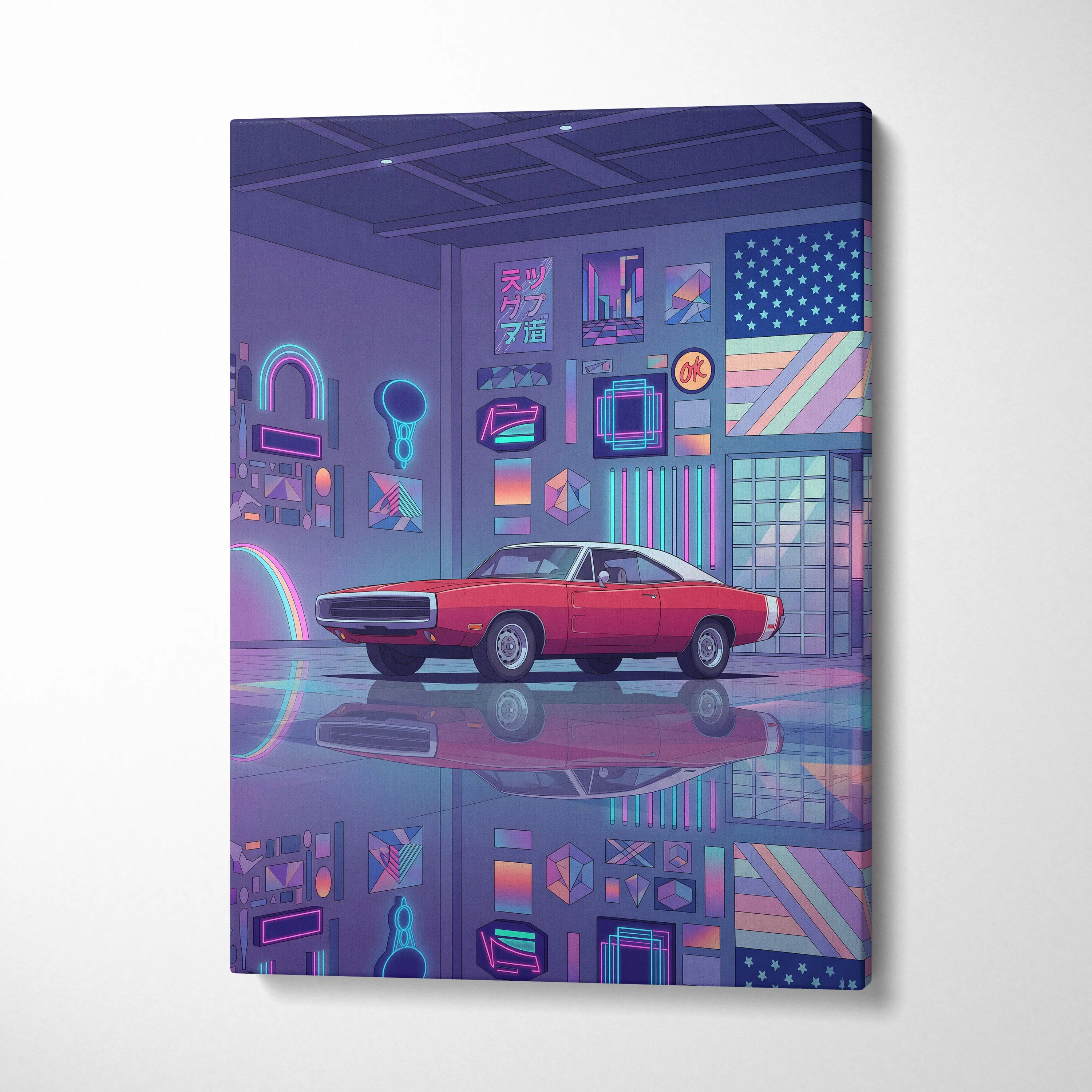 Dodge Charger Inspired Red Purple Canvas Wall Art, Vaporwave Muscle Car Artwork, Neon Garage Decor, Retro Futuristic Classic Car Print