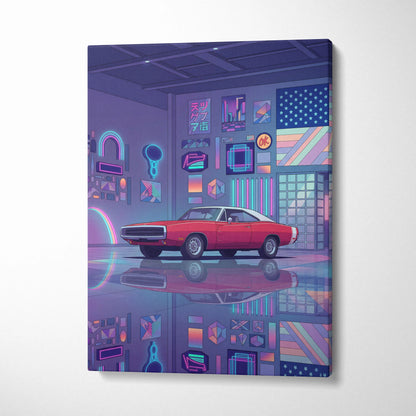 Dodge Charger Inspired Red Purple Canvas Wall Art, Vaporwave Muscle Car Artwork, Neon Garage Decor, Retro Futuristic Classic Car Print