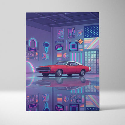 Dodge Charger Inspired Red Purple Canvas Wall Art, Vaporwave Muscle Car Artwork, Neon Garage Decor, Retro Futuristic Classic Car Print