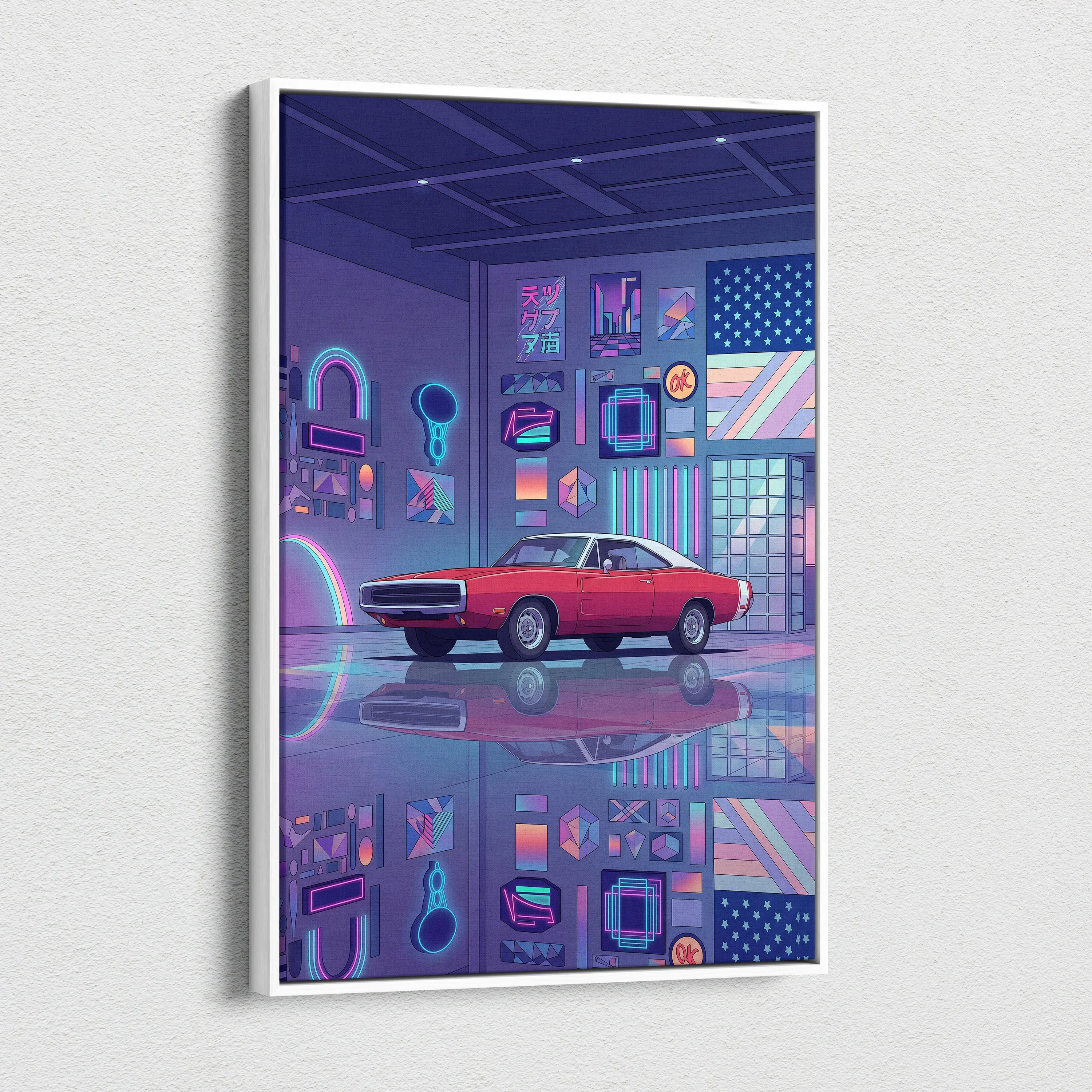 Dodge Charger Inspired Red Purple Canvas Wall Art, Vaporwave Muscle Car Artwork, Neon Garage Decor, Retro Futuristic Classic Car Print
