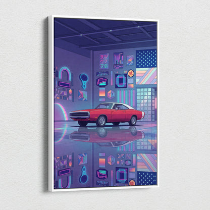 Dodge Charger Inspired Red Purple Canvas Wall Art, Vaporwave Muscle Car Artwork, Neon Garage Decor, Retro Futuristic Classic Car Print