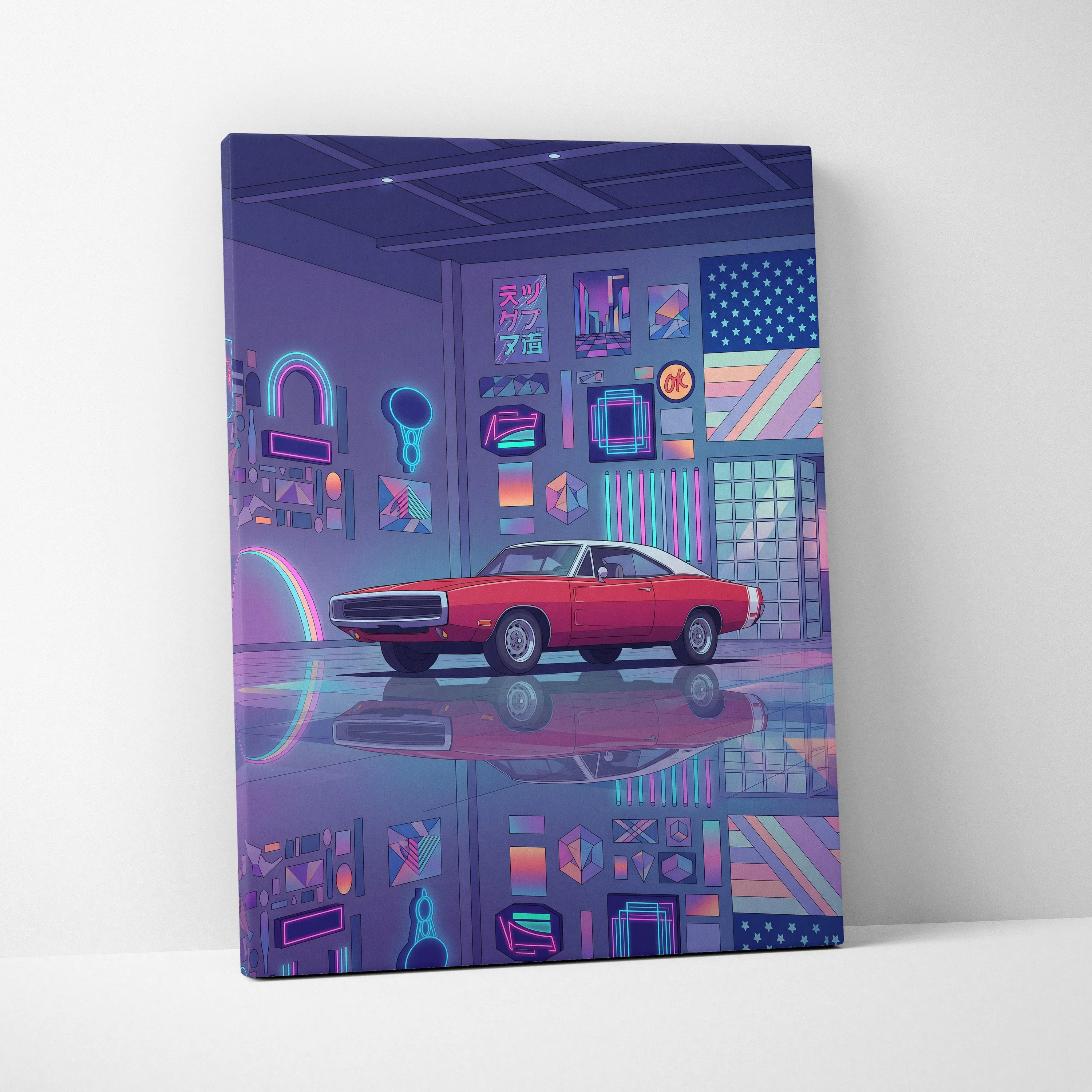Dodge Charger Inspired Red Purple Canvas Wall Art, Vaporwave Muscle Car Artwork, Neon Garage Decor, Retro Futuristic Classic Car Print