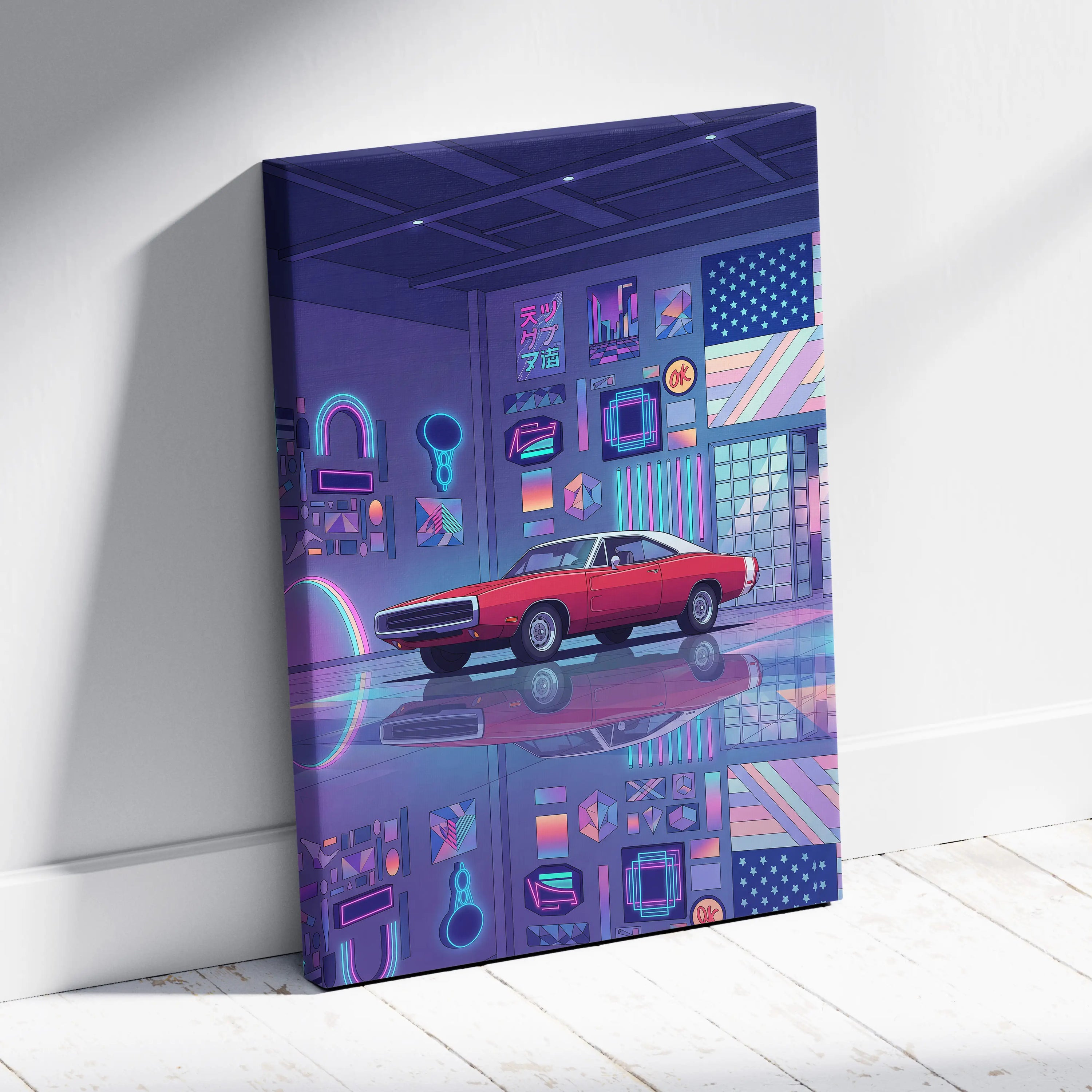 Dodge Charger Inspired Red Purple Canvas Wall Art, Vaporwave Muscle Car Artwork, Neon Garage Decor, Retro Futuristic Classic Car Print
