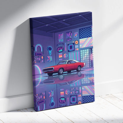 Dodge Charger Inspired Red Purple Canvas Wall Art, Vaporwave Muscle Car Artwork, Neon Garage Decor, Retro Futuristic Classic Car Print