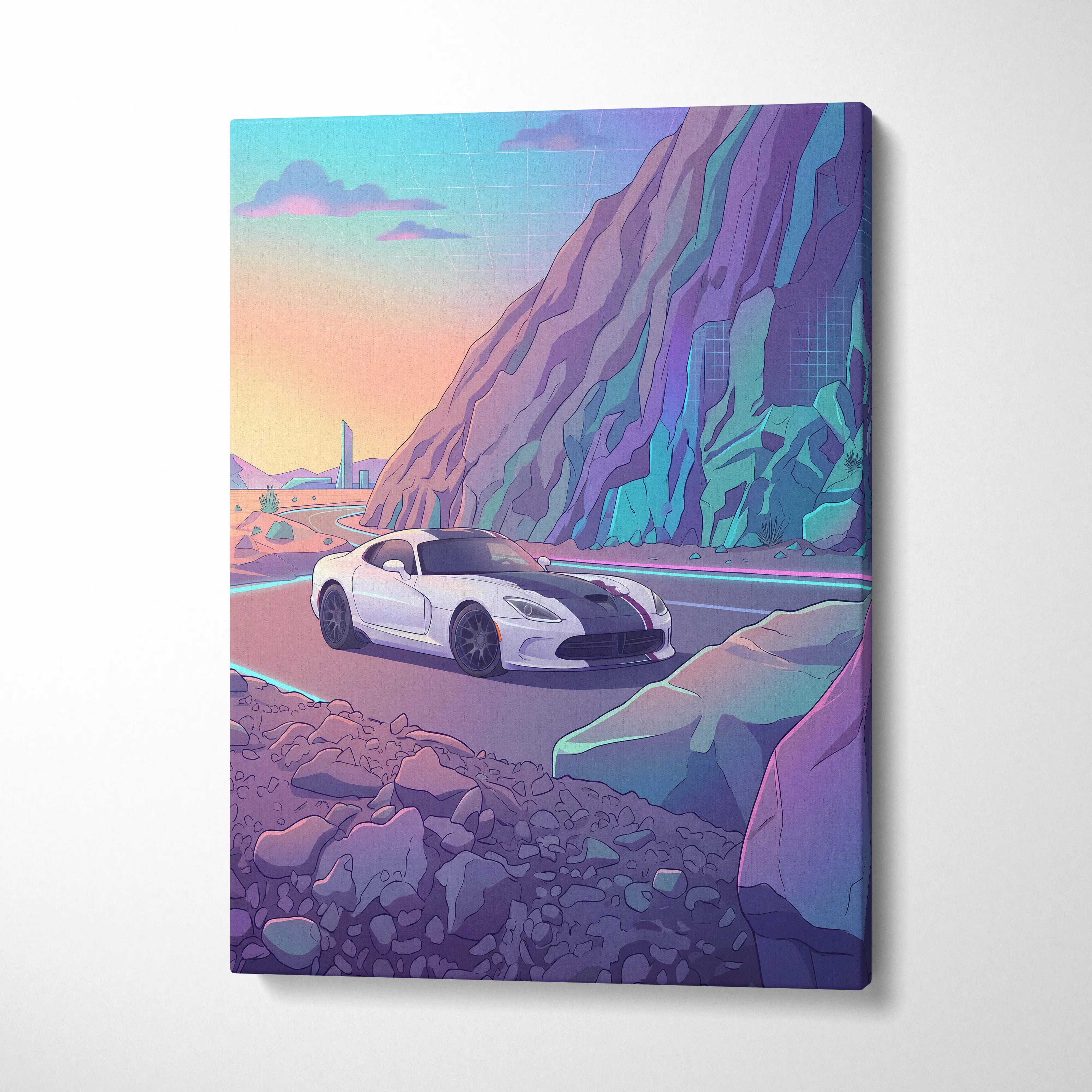 Dodge Viper ACR Inspired White Purple Canvas Wall Art, Vaporwave Mountain Road Artwork, Neon Desert Garage Decor, Retro Futuristic Print