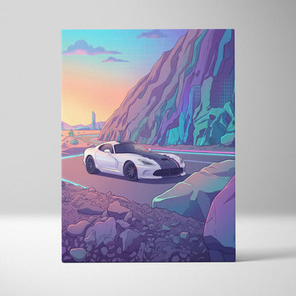 Dodge Viper ACR Inspired White Purple Canvas Wall Art, Vaporwave Mountain Road Artwork, Neon Desert Garage Decor, Retro Futuristic Print
