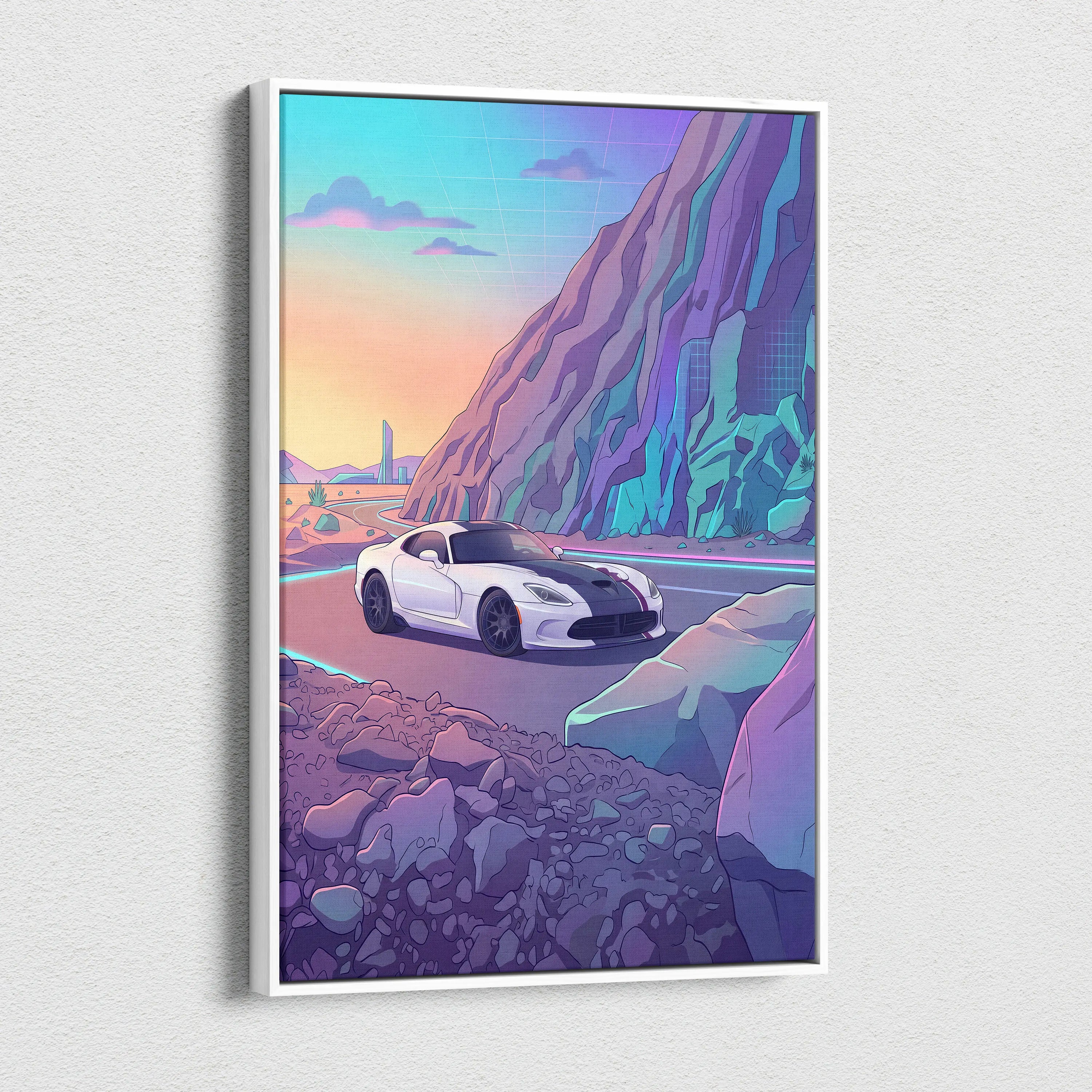 Dodge Viper ACR Inspired White Purple Canvas Wall Art, Vaporwave Mountain Road Artwork, Neon Desert Garage Decor, Retro Futuristic Print