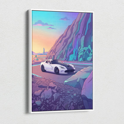 Dodge Viper ACR Inspired White Purple Canvas Wall Art, Vaporwave Mountain Road Artwork, Neon Desert Garage Decor, Retro Futuristic Print