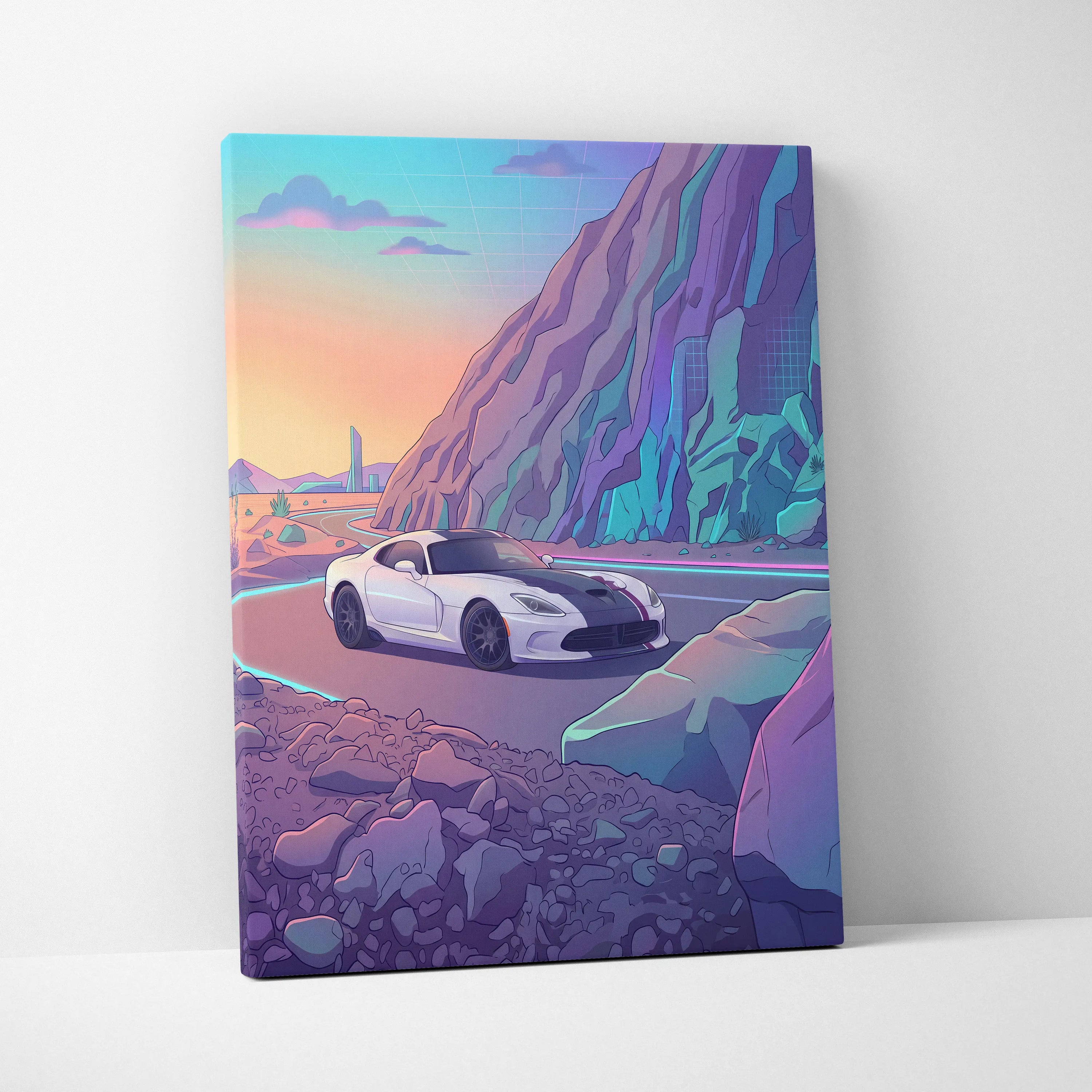 Dodge Viper ACR Inspired White Purple Canvas Wall Art, Vaporwave Mountain Road Artwork, Neon Desert Garage Decor, Retro Futuristic Print