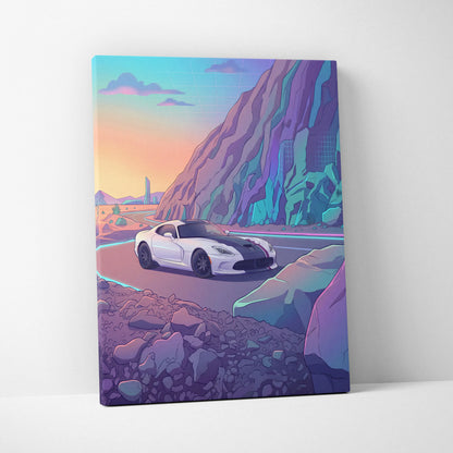 Dodge Viper ACR Inspired White Purple Canvas Wall Art, Vaporwave Mountain Road Artwork, Neon Desert Garage Decor, Retro Futuristic Print